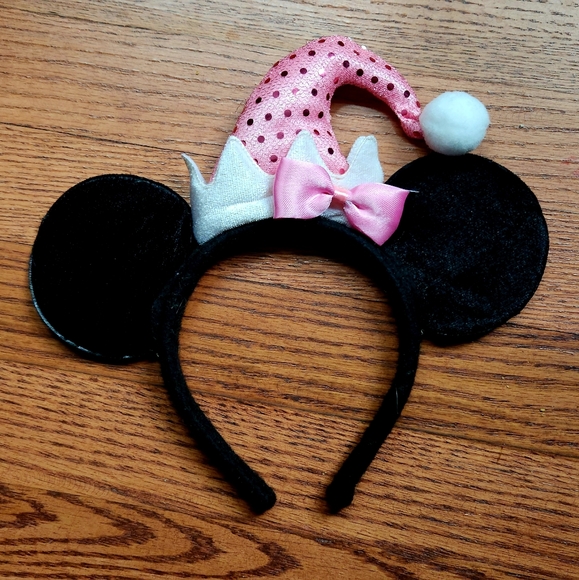 Disney Mouse Ears Headband Holiday Pink Sequins Elf or Santa Hat RARE - Picture 1 of 3